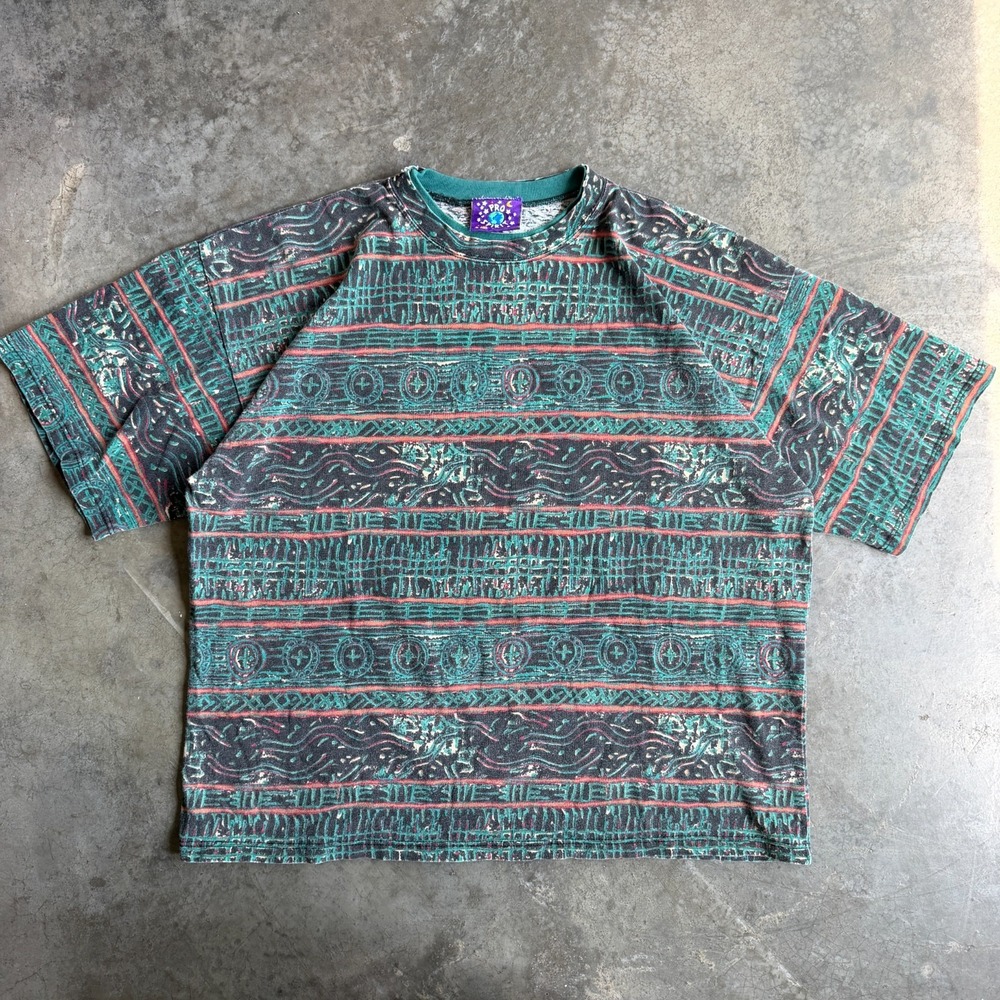 Vintage 80s 90s Pro Spirit AOP Surf Tribal Art AOP Striped Geometric Shirt Men L